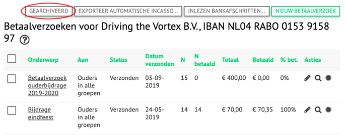 Gearchiveerde betaalverzoeken bekijken